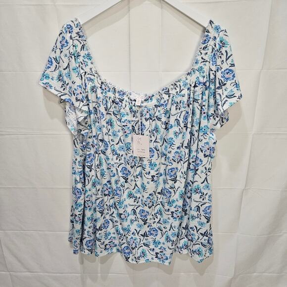 LC Lauren Conrad Floral Flowy White Blue Blouse Size 4X - Picture 1 of 8
